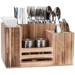 Organizador de Utensilios de Madera Rústica con Asa, Caja de Almacenamiento con Múltiples Compartimentos para Cocina, Mesa de Comedor, Suministros de Oficina - Product Image 1