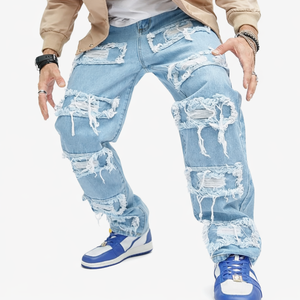 Jeans de mezclilla para hombre, estilo Y2K, de cintura alta, rectos, transpirables, desgastados, a la moda, para streetwear. - Product Image 4