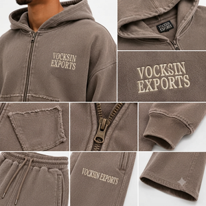 VOCKSIN Vintage Casual Solid Taupe Cropped Zip Hoodie Tracksuit Men's Regular Wide Leg <b>Sweat</b> <b>Set</b> Washed Cotton - Product Image 5