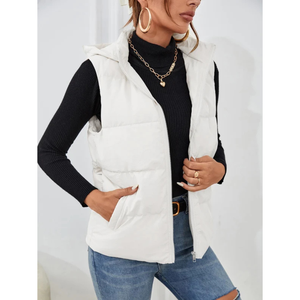Blouson matelassé sans manches blanc personnalisé à capuche avec fermeture éclair, couleur unie, vêtement d'extérieur décontracté pour femme - Product Image 5
