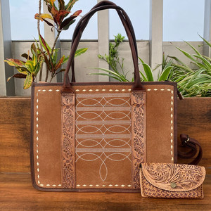 Nouveau 2025 sacs fourre-tout en cuir de vachette fabriqués à la main et étui à lunettes usiné à la main à fleurs Combo ensembles d'accessoires de mode à la mode - Product Image 4