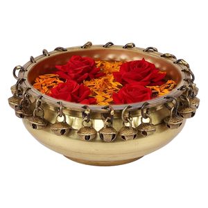 Round Gold Metal Bowl With Hanging Bells Floating <b>Candle</b> And <b>Flowers</b> Decorative Centerpiece For Wedding Table - Product Image 3