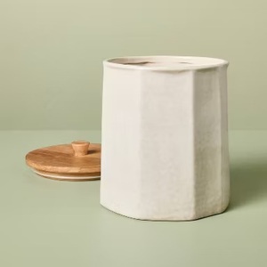 Refined Ceramic Storage Canister Wooden Lid Faceted Design Airtight Kitchen Jar Modern Counter Organizer Premium <b>Home</b> <b>Essential</b> - Product Image 3
