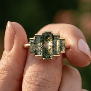 Anillo de Lujo con Ágata Musgosa, Cristales de Diamante CZ, Acero Inoxidable, Chapado en Oro de 18K, Diseño Geométrico para Mujer - Product Image 2