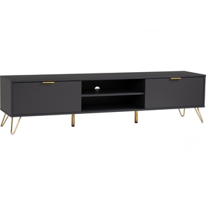 Slim 1.8M <b>Black</b> TV <b>Console</b> with Gold Metal Base for Modern Apartments Mid-Century Wood Media Bench TV Cabinet - Product Image 1
