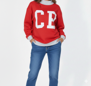 เสื้อสเวตเชิ้ตคอเต่าสีแดงสำหรับผู้หญิง พิมพ์ลายตัวอักษร CP สีขาว ทรงลำลอง ผ้าถักขนนุ่ม มีตัวเลือกสีตามสั่ง คอเต่า - Product Image 1