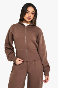 Women Brown <b>Zip</b>-<b>Up</b> Hoodie Full Sleeve Solid Knitted Stand Collar Short Length Autumn Wear - Product Image 6