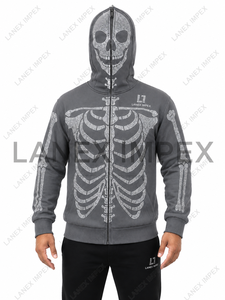 Men’s Grey <b>Skeleton</b> Rhinestone Hoodie with <b>Full</b> Zip Balaclava Mask, Crystal Skull Bone Pattern, Gothic Hip Hop Streetwear Jacket - Product Image 3