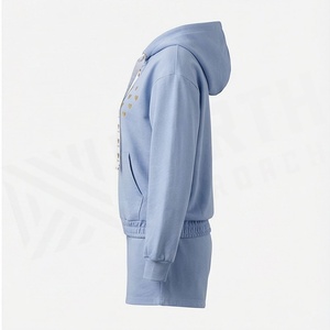 Conjunto de Sudadera con Capucha y Pantalones Cortos de Felpa Azul para Mujer, con Estampado de Corazones Dorados, Corte Holgado Informal, Cierre de Cremallera Frontal, Traje Deportivo de 2 Piezas para Primavera/Verano - Product Image 3