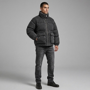 Chaqueta Acolchada Impermeable Unisex Negra con Efecto Ácido, con Cierre, Capucha y Múltiples Bolsillos, para Invierno - Product Image 1