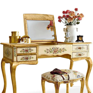 Coiffeuse de style français en acajou massif avec miroir pliant, ensemble de coiffeuse peint à la main à motifs floraux dorés, mobilier de chambre élégant - Product Image 6
