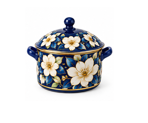 Casserole arabe bleu royal à motif de fleur de magnolia avec bordure dorée, pot chauffe-plats pour la décoration de table du Ramadan et les cadeaux de l'Aïd - Product Image 1