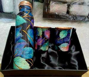 Leaf Printed Copper Water <b>Bottle</b> with Glass Designer Ayurvedic Drinking <b>Bottle</b> Reusable Copper <b>Flask</b> Set - Product Image 3