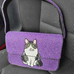 Bolso de Mano para Mujer con Diseño de Gato Bordado, Rayas, Lona Impermeable, Ecológico, Forma de Sillín, Correa Única, Cierre de Solapa, para Uso Diario - Product Image 2