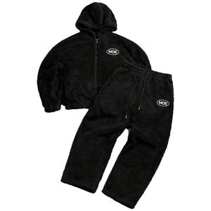 Conjuntos de chándal de forro polar Sherpa negro personalizados, sudadera con capucha y cremallera, pantalones jogger, chándal de forro polar afelpado unisex con cremallera, ropa de calle de invierno OEM - Product Image 1