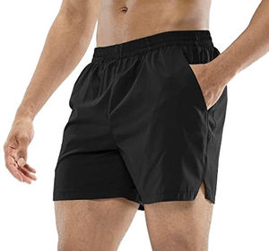 Shorts pour hommes noirs à séchage rapide, taille élastique, avec poches, mi-longs, style vintage, couleur unie, 100% coton, brodés, pour la gym - Product Image 1