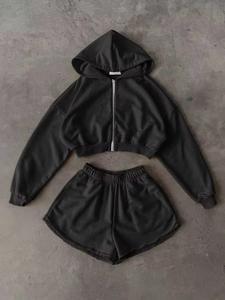 Latest Wholesale High Quality Custom Made Womens Cotton Spandex Casual Solid Breathable Crop Hoodie Shorts <b>Set</b> Zip for Wear - Product Image 2