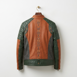 Blouson moto homme en cuir véritable color block, col montant, fermeture éclair, coupe ajustée, style automne - Product Image 2