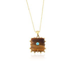 Collier pendentif de haute qualité en œil de tigre naturel avec accent turquoise, forme carrée, chaîne en câble plaqué or, collier statement - Product Image 1