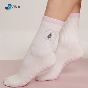 JZVINA Women Christmas Ankle <b>Socks</b> Anti-Slip Cotton <b>White</b> Pink Pattern Casual Winter Wear Pilates Yoga - Product Image 1