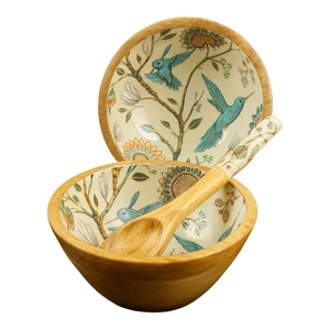 Imperial Crafted Home Handmade Classic Wooden Salad Serving <b>Bowl</b> Enamel Lining Blue Floral Pattern Uttar Pradesh for Home - Product Image 2