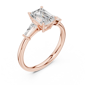 Anillo de compromiso de moissanita fina con corte esmeralda y detalles laterales de baguette, chapado en oro rosa sobre plata, anillo de tres piedras. - Product Image 3