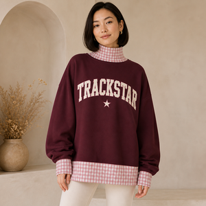 Burgundy Women's Gingham Mock Neck <b>Sweatshirt</b> <b>Pink</b> Check Trim Varsity Applique Embroidered Border Trackstar Custom Pullover - Product Image 1