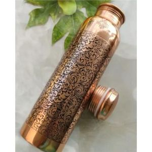Pure Copper Water <b>Bottle</b> Leak Proof Ayurvedic Health Benefits Engraved Design Lacquer Finish Jointless Gym Yoga 1000ml Flask - Product Image 1