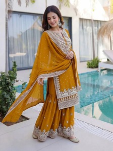 Conjunto de Top y Pantalón Palazzo de Georgette con Bordado de Lentejuelas y Dupatta, Color Verde Mar, para Mujer, 100% Algodón, Formal, de Noche, 83781 - Product Image 5