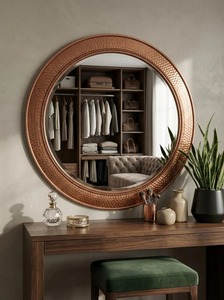 REHMAN Handmade Contemporary Hammered Wood <b>Round</b> Wall <b>Mirror</b> with Crystal Glass - Product Image 4