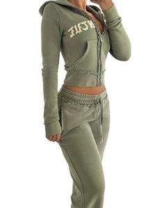 2024 nouveau Street Wear personnalisé Patch broderie lavé recadrée surdimensionné en détresse fermeture éclair à capuche ensemble Joggers femmes - Product Image 4