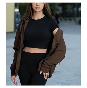 Sudadera con capucha informal cómoda de algodón 100% para mujer, de manga larga, cuello redondo, hombros caídos, color liso, con cremallera, al mejor precio al por mayor - Product Image 4