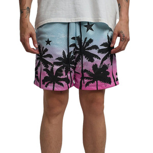 Shorts de bain imprimés palmiers, taille mi-haute, séchage rapide, décontractés, 100 % polyester, tissu tissé, impression par sublimation - Product Image 1