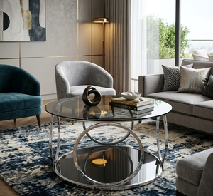 Mesa de Centro Redonda de Vidrio de Lujo con Marco de Anillo de Acero Inoxidable, Mesa de Centro Moderna Cromada para Sala de Estar - Product Image 4