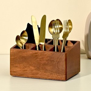 Porte-ustensiles en bois, support à couverts, organisateur de cuillères, fourchettes et couteaux, rangement pour comptoir de cuisine, boîte en bois rustique - Product Image 5