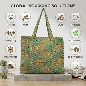 Tote Bag Quilted Hand Block Printed Cotton Canvas Bohemian Beach Shopping <b>Large</b> Capacity Green Animal Leopard <b>Print</b> Women - Product Image 5