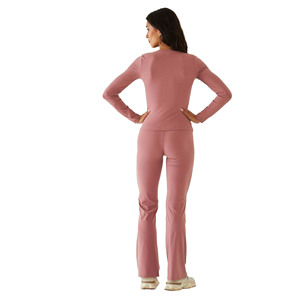 Hauts de yoga pour femmes à manches longues, antibactériens, écologiques, respirants, séchage rapide, en Spandex/Nylon, coupe ajustée, col rond, devant uni - Product Image 2