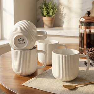 Moonlit Ribbed New Bone China Glazed Ceramic Mug <b>Set</b> of 4 <b>Microwave</b> Safe Casual Design for Camping - Product Image 4