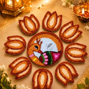 Ensemble de 9 tapis Rangoli en laine de qualité supérieure, motif paon et lotus, faits à la main, décoration festive pour le sol de la maison - Product Image 5