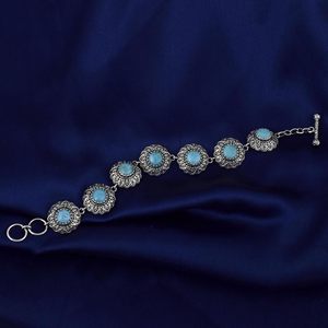 Vintage 925 Sterling Silver Blue Larimar Gemstones Tennis Chain Bracelet Floral Design Bezel <b>Set</b> For Women Jewelry Everyday Wear - Product Image 3