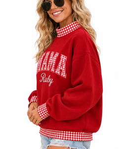 Sudadera Oversize de Cuello Alto para Mujer al por Mayor con Aplique de Letras Personalizado y Diseño a Cuadros con Bloques de Color - Product Image 3