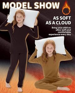 Conjunto de Ropa Interior Térmica de Manga Larga con Cuello en V para Niños, Transpirable, de Algodón y Elastano, Capa Base Sólida, Camiseta y Pantalones - Product Image 2