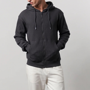 Men's Charcoal Waffle Knit <b>Zip</b> Up Hoodie Premium Cotton Blend Full <b>Zip</b> <b>Hooded</b> Sweatshirt Casual Winter Jacket OEM ODM - Product Image 6