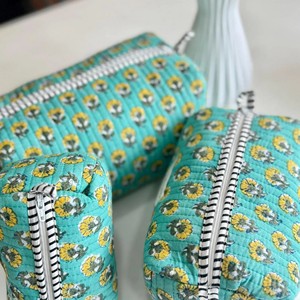 Quilted Cotton Eco-Friendly Zipper Cosmetic Toiletry <b>Bag</b> Set Turquoise Thread Pattern Multi-Function Organizer for Women - Product Image 4
