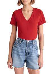 Camiseta con cuello en V para mujer, corte ajustado, mezcla de algodón elástico, informal, básica, a la moda - Product Image 4