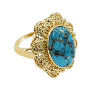 GOURIK Women's Vintage Oval Natural <b>Turquoise</b> 925 Sterling Silver Gold Plated Bezel Setting Hypoallergenic 18x12mm Wedding <b>Ring</b> - Product Image 2