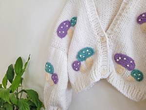 <b>Women's</b> <b>White</b> Hand Knitted <b>Cardigan</b> With Mushroom Appliques Puff Sleeve V Neck Crop Length Casual Sweater - Product Image 2