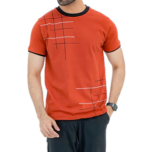 Camiseta de Manga Corta para Hombre, Diseño Nuevo, Estampado Geométrico Naranja, con Ribete en Contraste, Corte Regular, Informal, de Algodón Tejido - Product Image 1