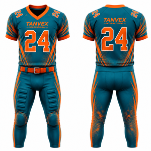 Ensemble d'uniformes de football américain pour hommes, maillot à col en V à manches courtes imprimé par transfert thermique, pantalon respirant 100% à l'avant - Product Image 1