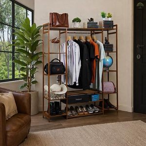 Modern Wood Standing <b>Wardrobe</b> Rack <b>With</b> Five Layers Multifunctional <b>Storage</b> For Clothing <b>Shoes</b> And Accessories - Product Image 5